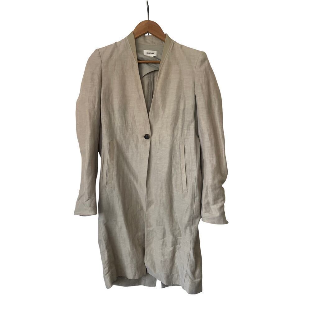 Helmut Lang Oatmeal Linen Blend Trench Style Jacket Lamb Leather Trim • Sz P ⬇️